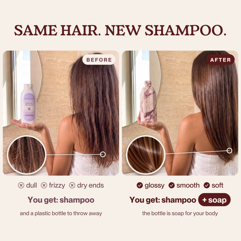 Before and after: the same woman seen from behind. Before, holding a plastic-bottle shampoo, her hair is dull, frizzy and dry at the ends. After, holding a Sapone marble bottle, her hair is glossy, smooth and soft. With Sapone you get shampoo plus soap, because the bottle is soap for your body.