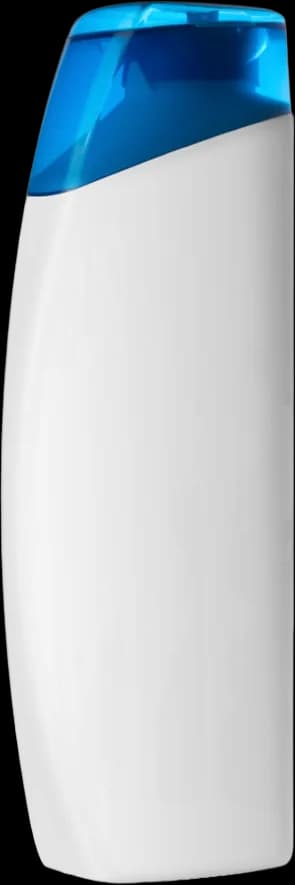 Photograph of a generic white plastic shampoo bottle with a blue flip cap, unbranded