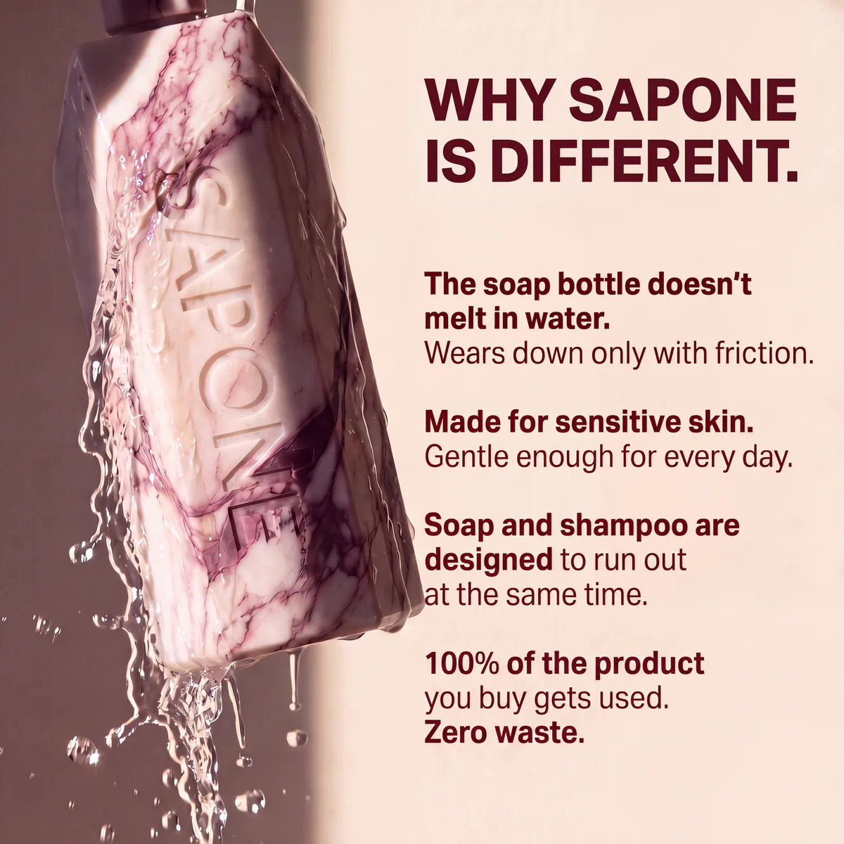 A Sapone bottle under running water, listing why it is different: the soap does not melt in water and wears down only with friction, it is gentle enough for sensitive skin every day, the soap and shampoo run out at the same time, and 100% of the product gets used.