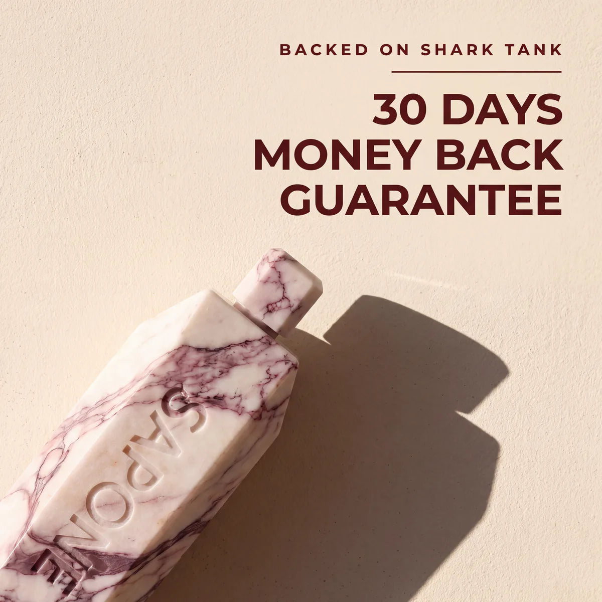 A Sapone bottle lying in sunlight with a 30-day money-back guarantee, noting that the brand was backed on Shark Tank.