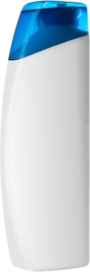 Photograph of a generic white plastic shampoo bottle with a blue flip cap, unbranded