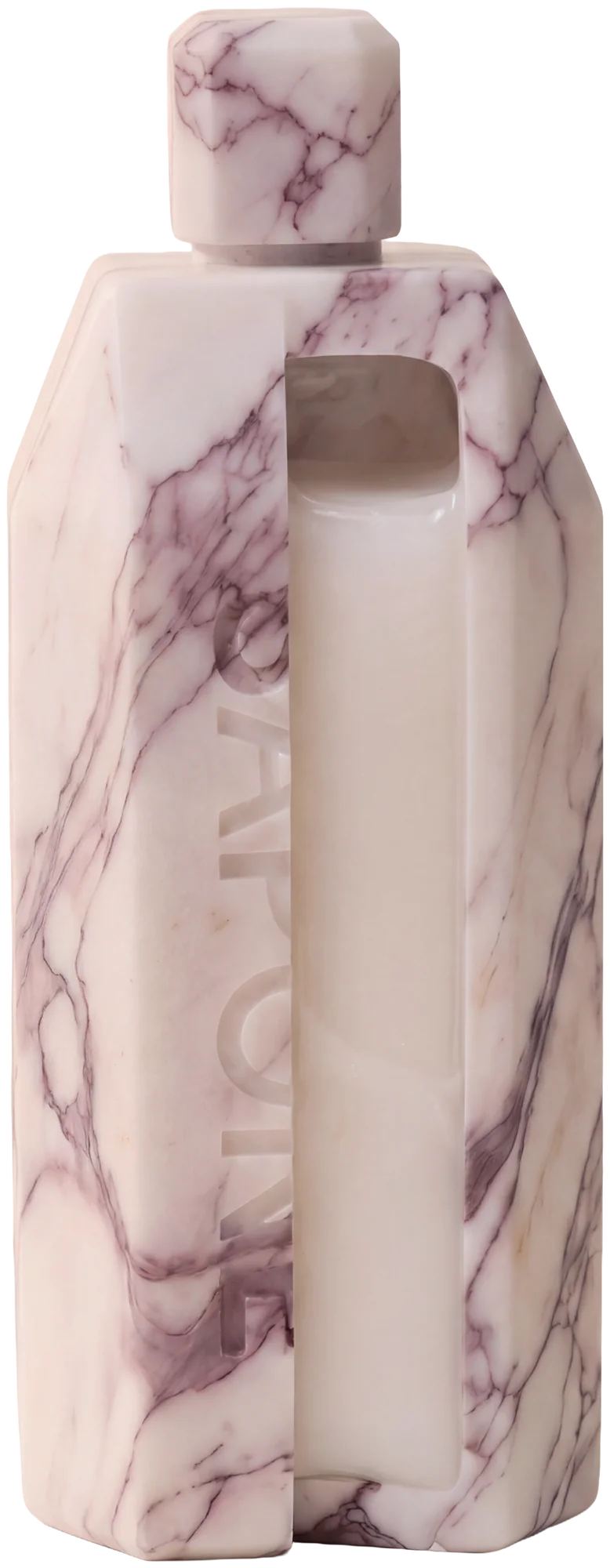 Cutaway of the Sapone marble bottle: liquid shampoo inside a solid soap shell